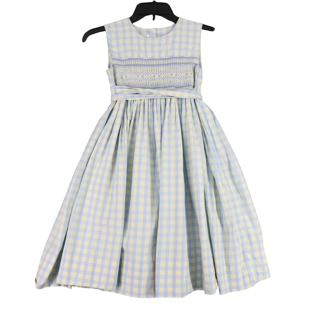 Strasburg Smocked Gingham Dress Girl 7 Blue Yellow Easter Party Southern Classic